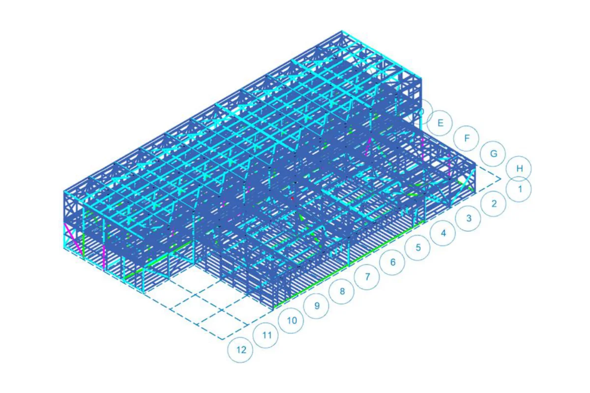 Structural model of a two-storey steel data center