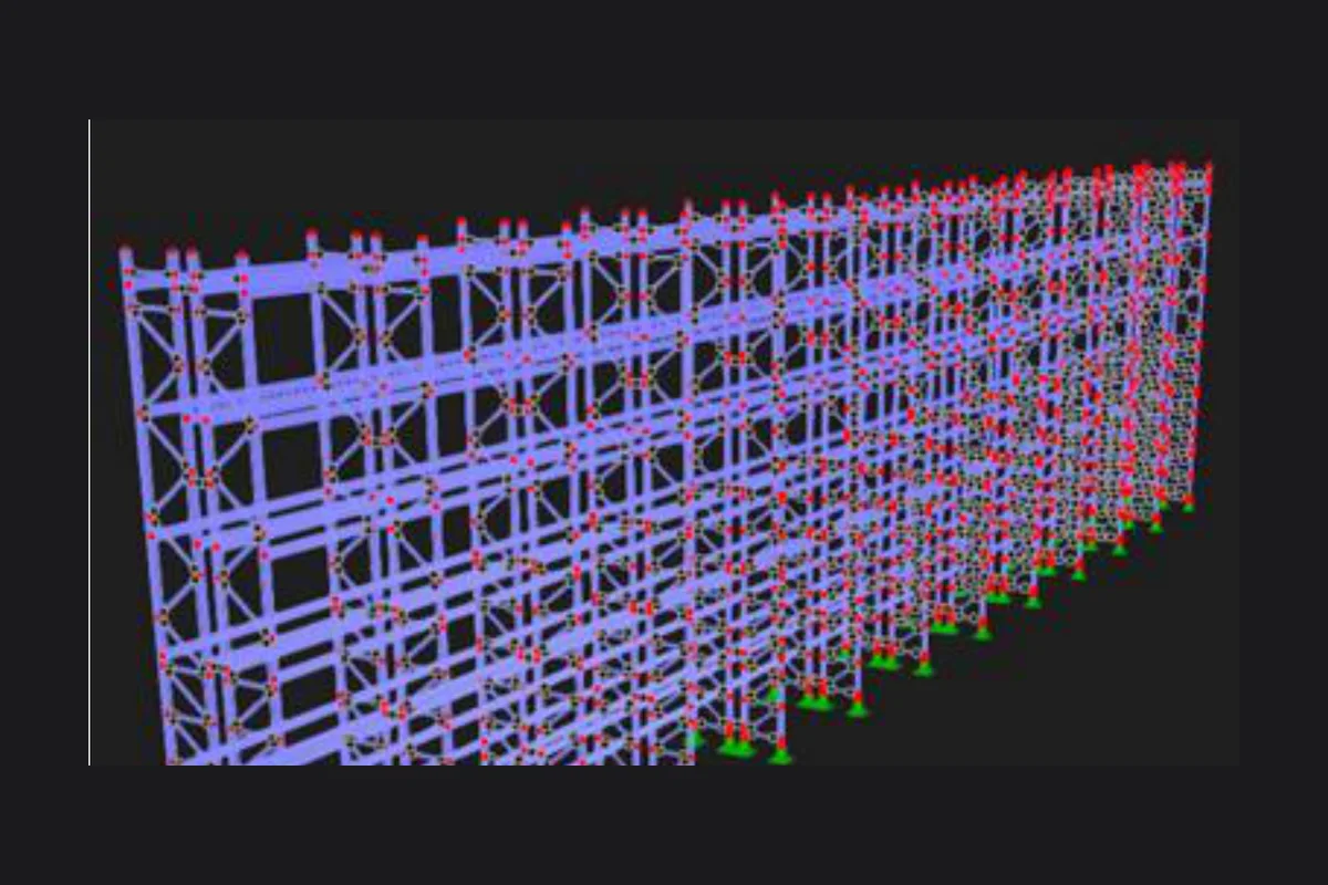 RFEM model of a 40 ft tall multi-level fabric storage rack